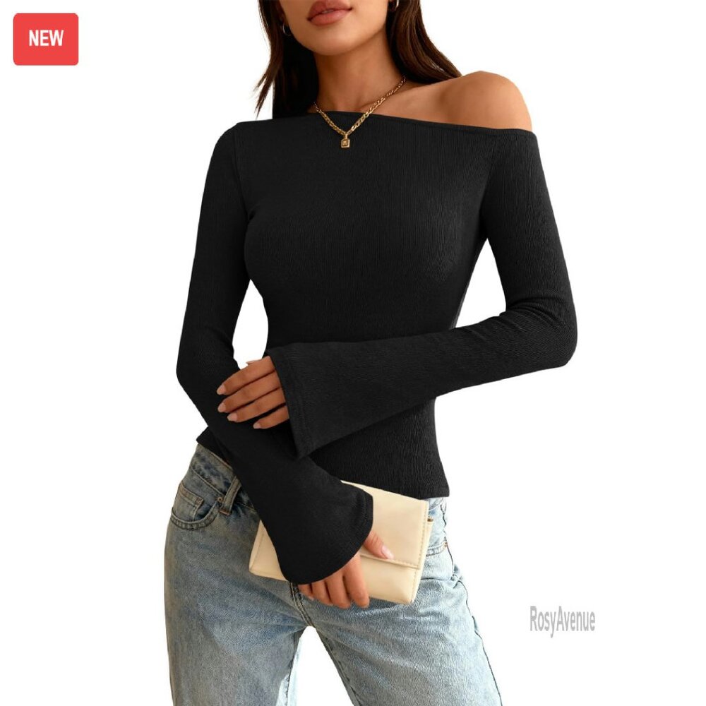Long Sleeve Off Shoulder Top Slim Fit Knit T-Shirt Y2k Style